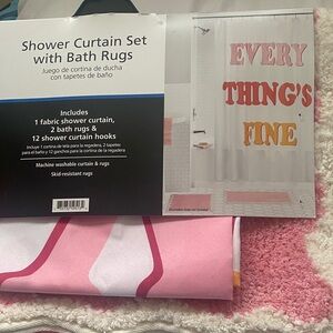 Mainstay Pink and White Shower Curtain Set with Bath Rugs
